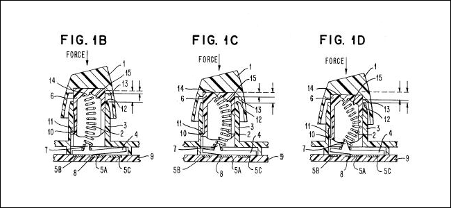 Three diagrams of the IBM Buckling Spring patent.