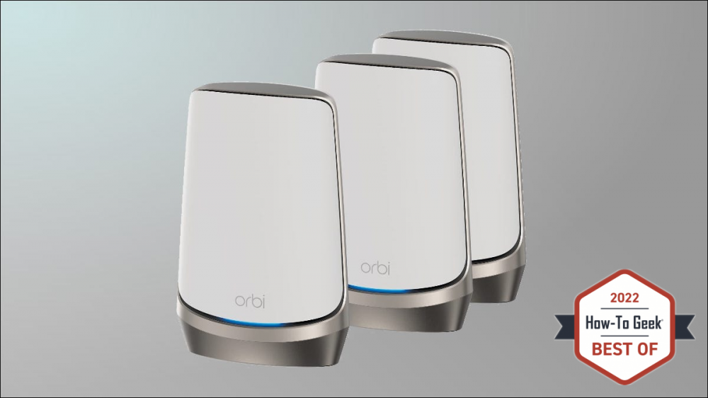 Netgear mesh system on grey background