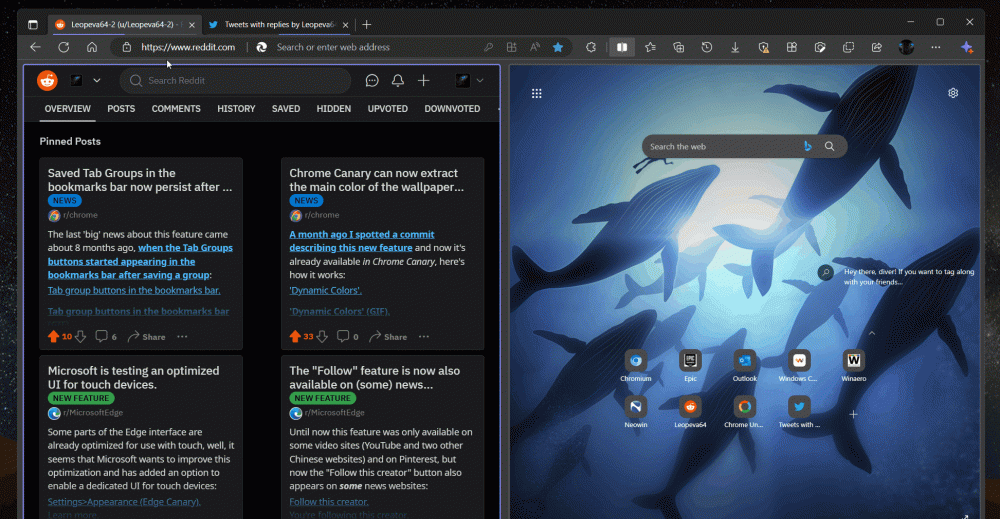Switching between Split Screen tab groups in Edge.