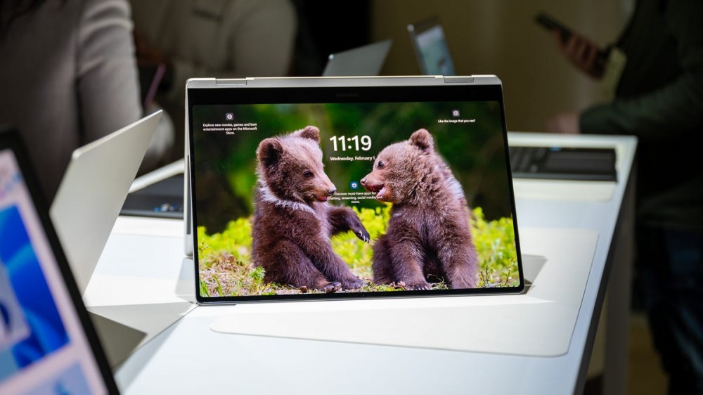 The Samsung Galaxy Book 3 Pro 360 in tent mode at Unpacked